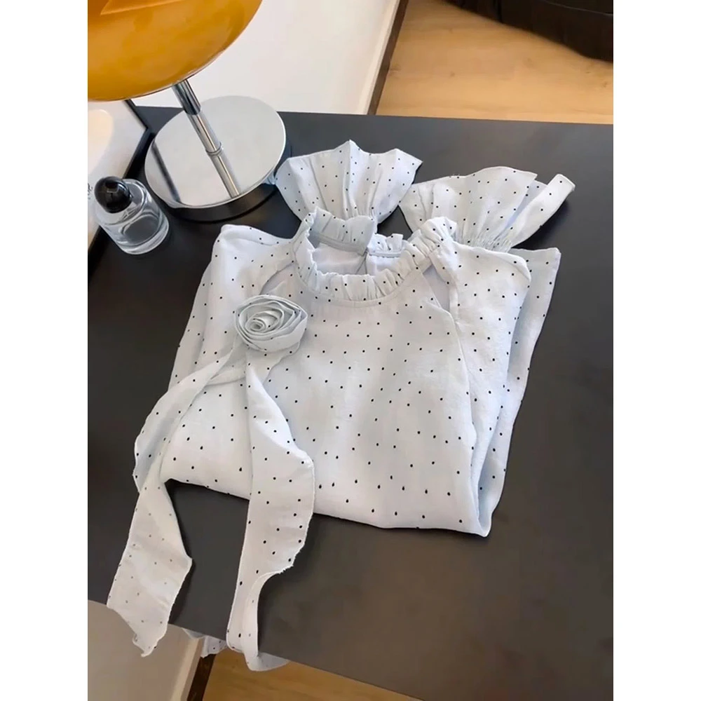 法式波点立体花朵衬衫女士小个子短款正肩气质上衣超好看独特漂亮