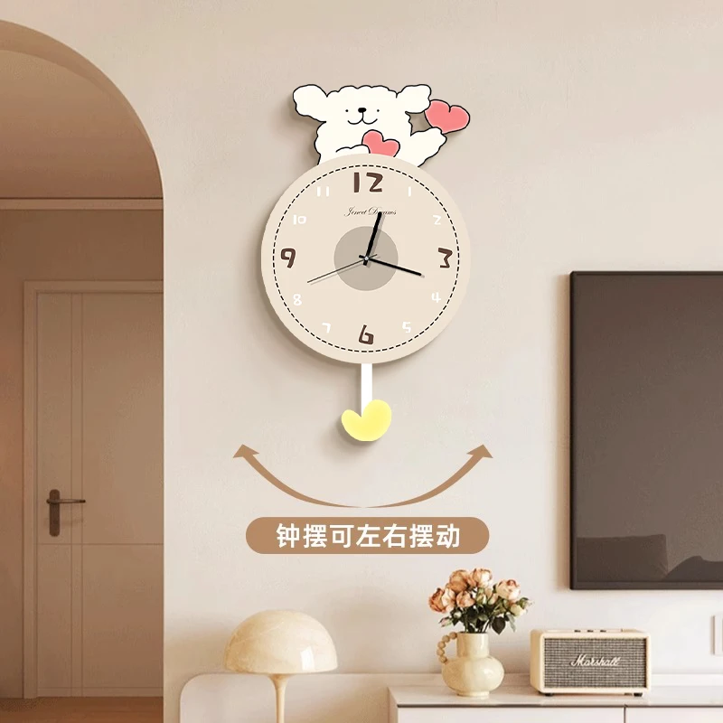 奶油风小狗客厅挂钟2025新款餐桌背景墙时钟挂墙卡通创意静音钟表