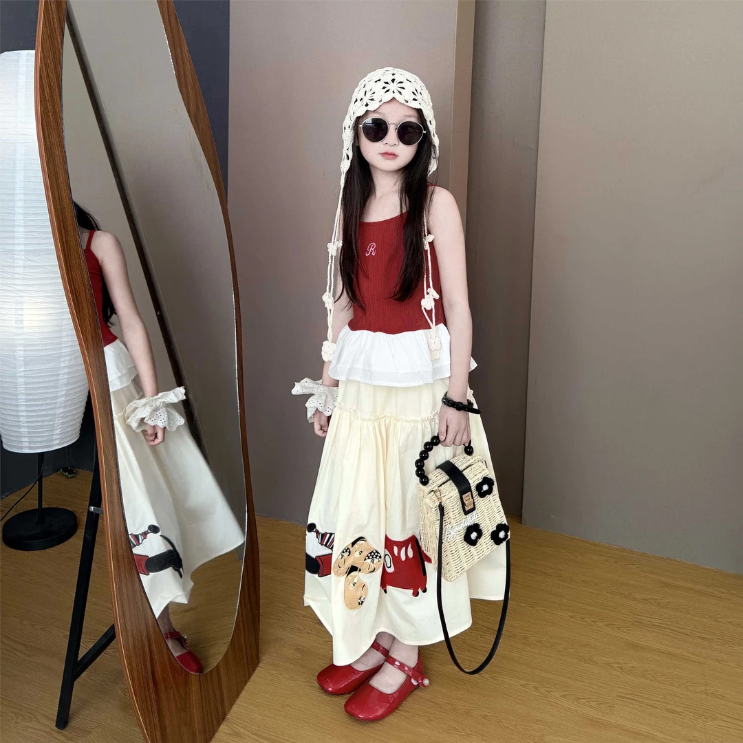 女童半身裙夏装2025新款洋气裙子儿童中大童刺绣背心裙公主裙套装