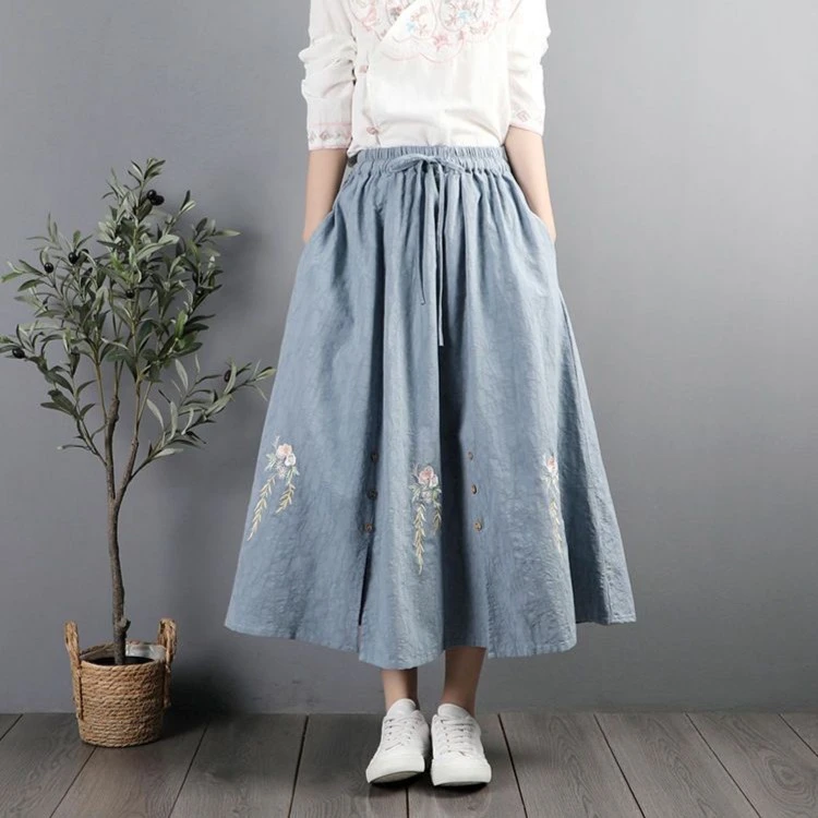 【现货+运费险】女士半身裙高腰a字裙子棉麻文艺复古刺绣提花裙Y69