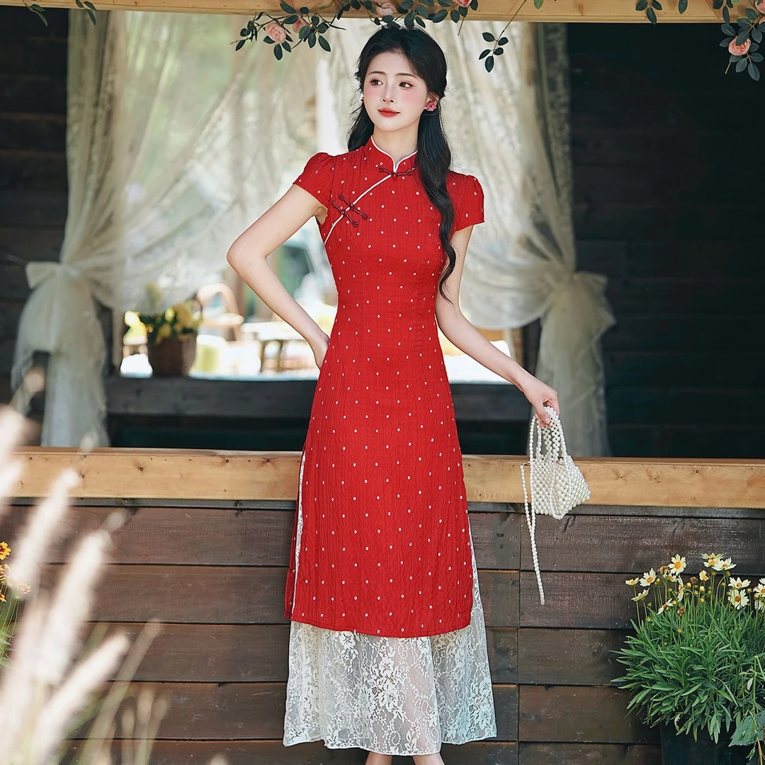 【花样年华】新中式设计感红色波点少女改良旗袍修身显瘦假两件长裙