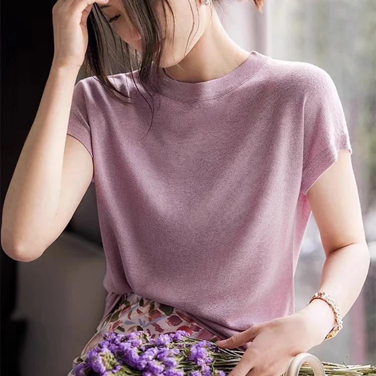 百搭时尚轻薄透气亮丝针织T恤上衣女【娜家衣柜】