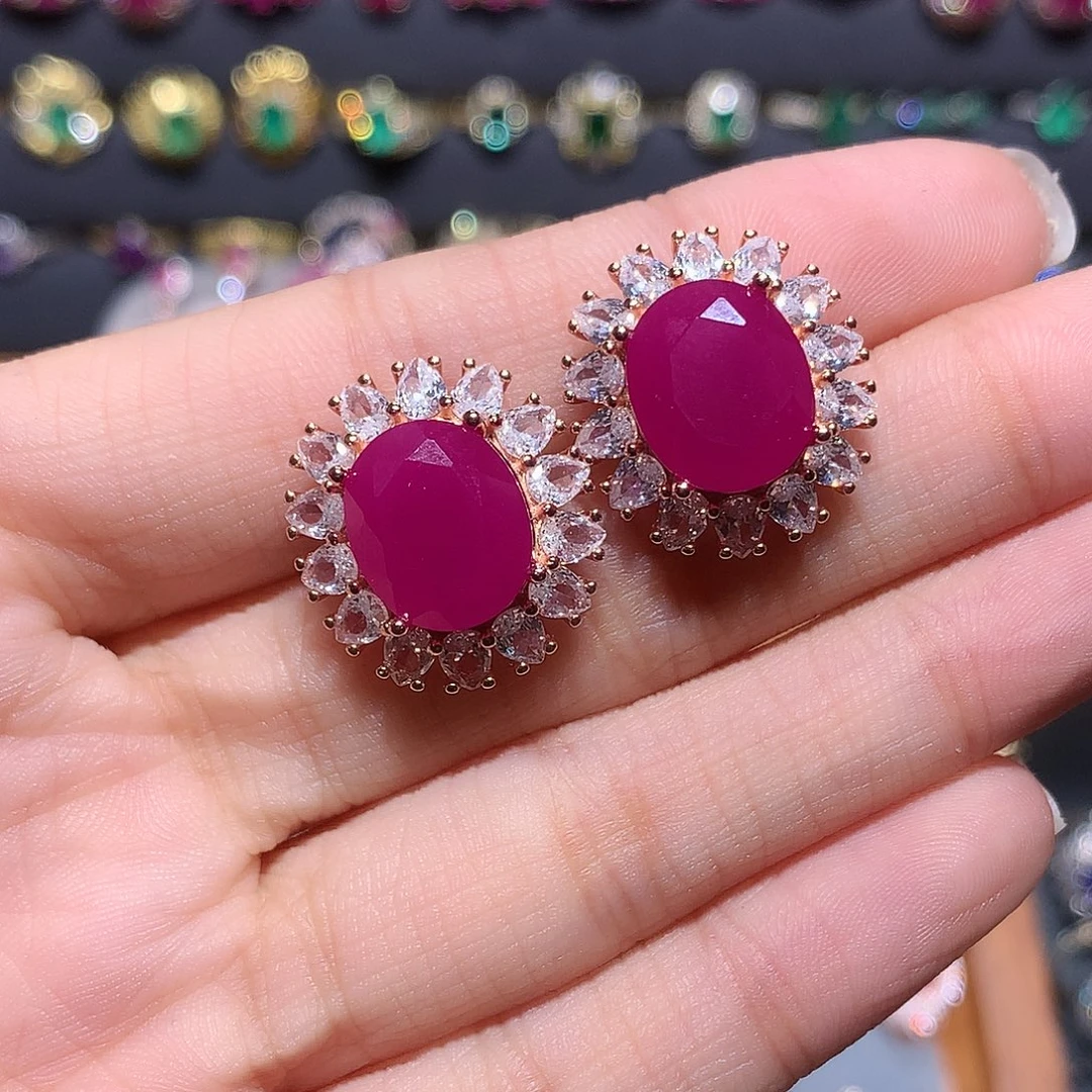 红宝石耳饰银S925镶嵌