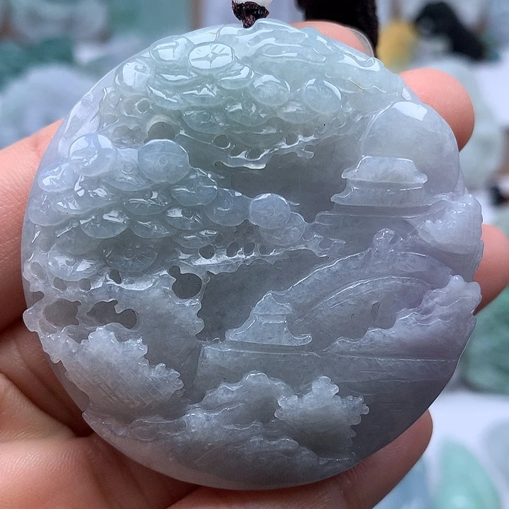 翡翠未镶嵌颈饰山水两面面工艺卡厚12+