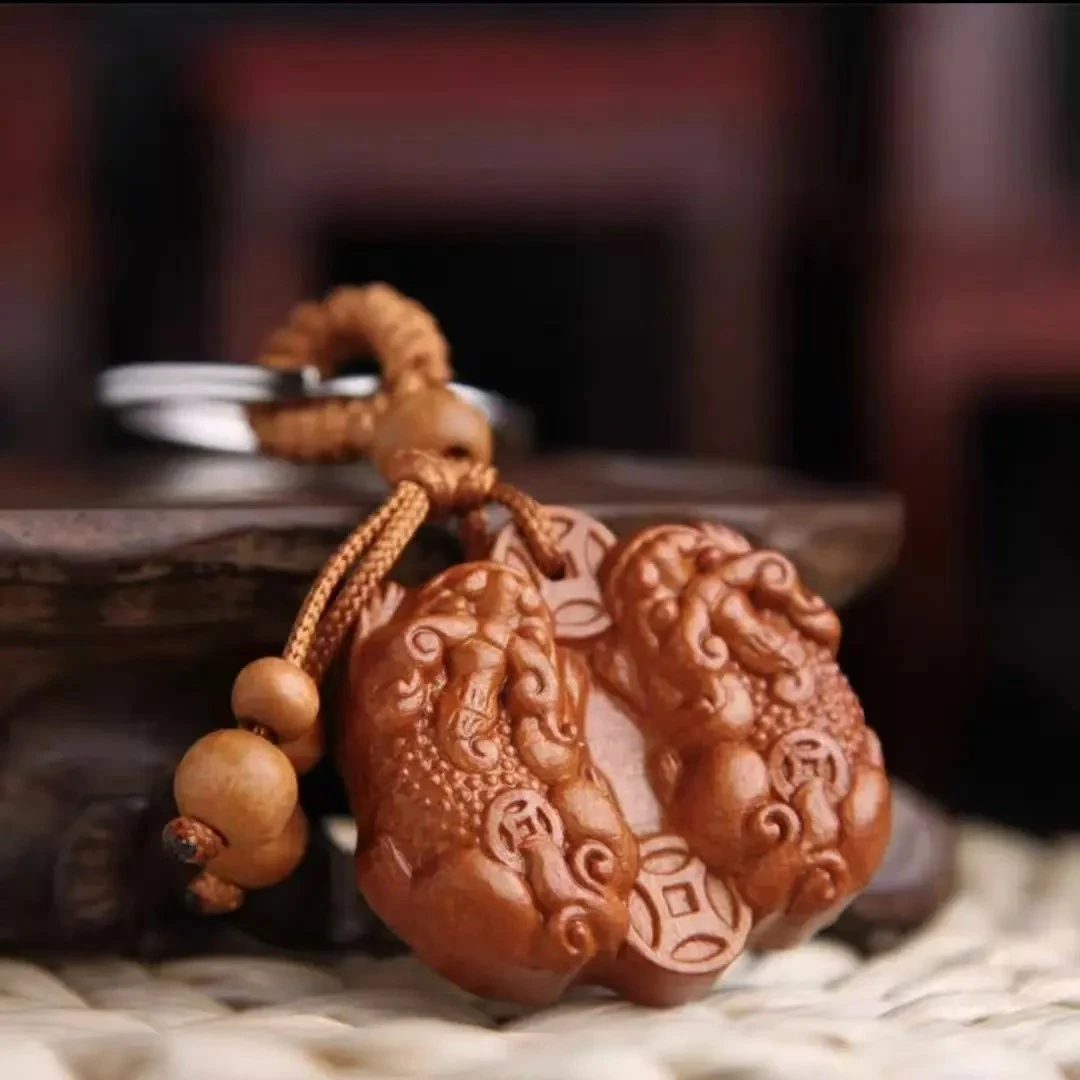 【老师推荐】桃木公母貔貅钥匙扣挂件雌雄双貔貅男女汽车钥匙挂件