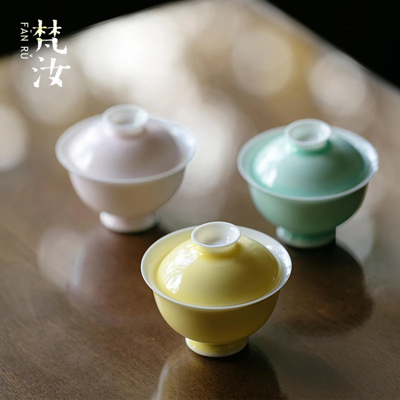 梵汝景德镇手工单色釉盖碗高端玉瓷薄胎不烫手泡茶碗家用功夫茶具