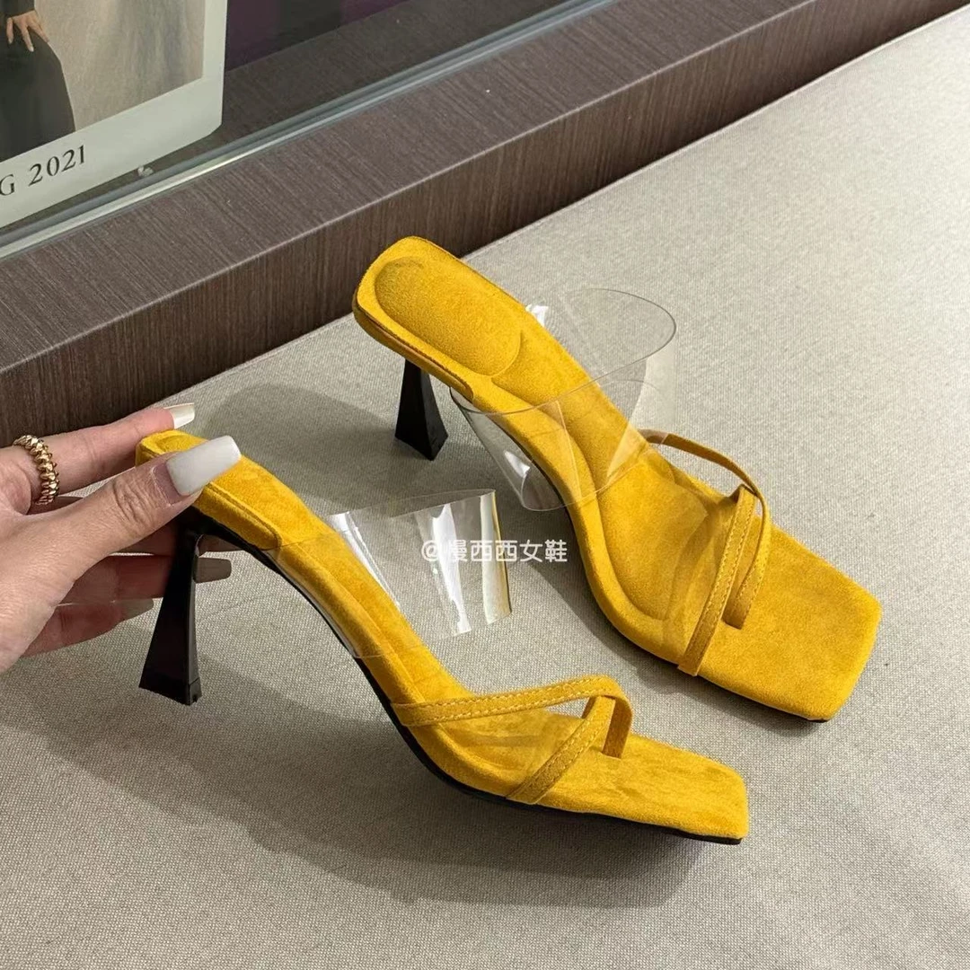 韩版绒面方头夹趾细跟拖鞋女2025夏季透明一字带套脚高跟凉拖鞋