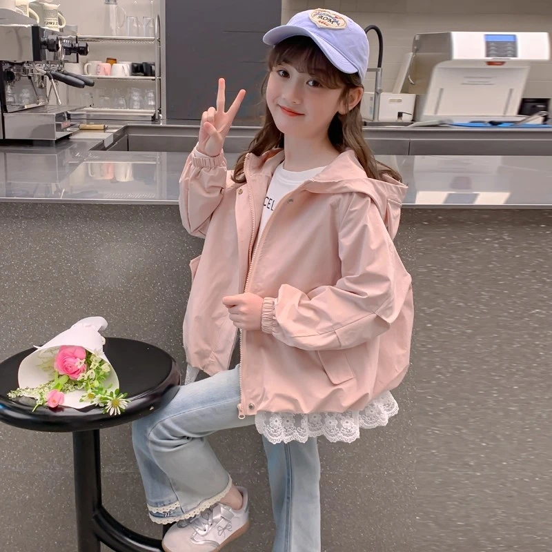 女童秋装外套2025新款儿童洋气女孩春秋季连帽蕾丝边夹克甜美上衣