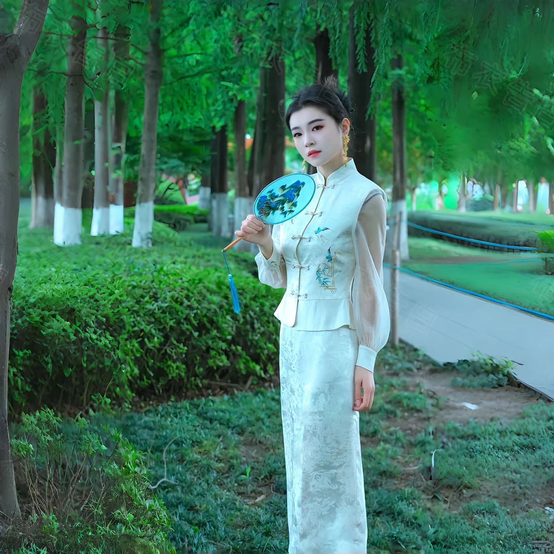柳燕衔春-88040-2025夏季新款中式国风刺绣立领网纱拼接套裙女