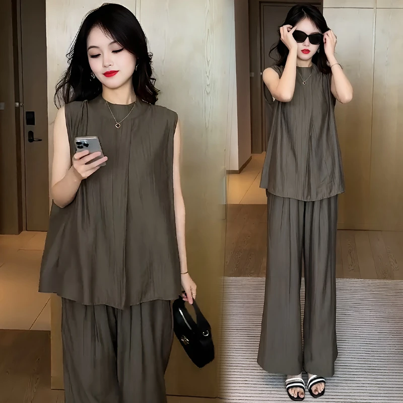 高级感时尚套装女2025年夏季新款洋气显瘦无袖上衣阔腿裤两件套潮