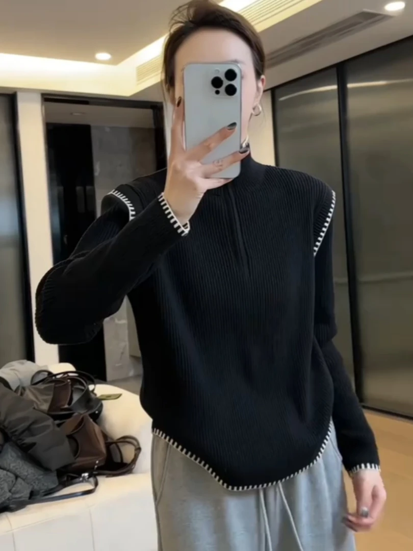 极简风手工明线半拉链立领保暖针织衫灰色收腰系带阔腿裤两件套装