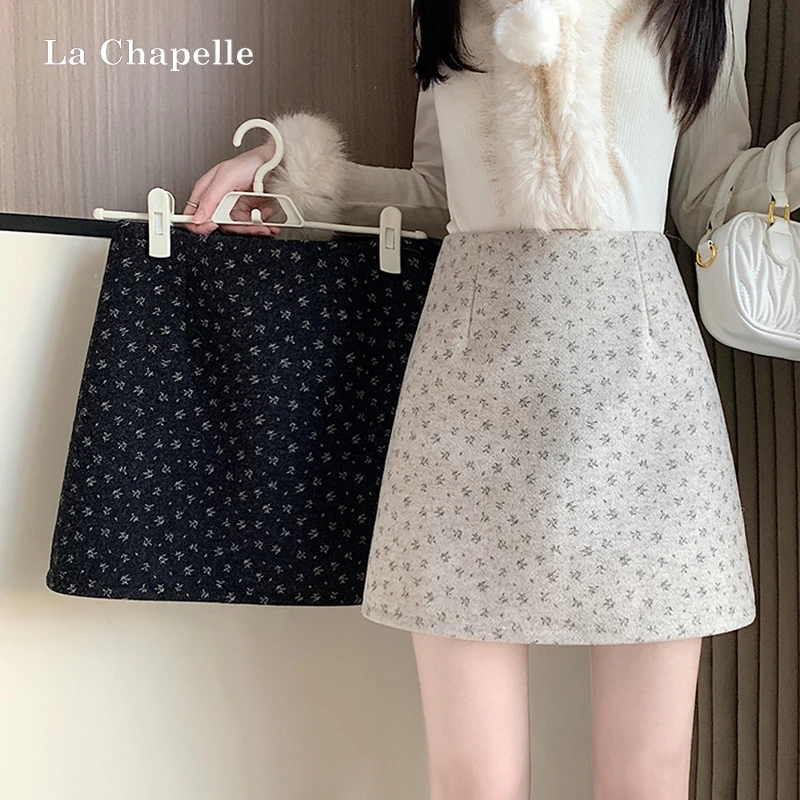拉夏贝尔甜美风碎花毛呢高腰半身裙女秋冬减龄休闲显瘦A字裙短裙