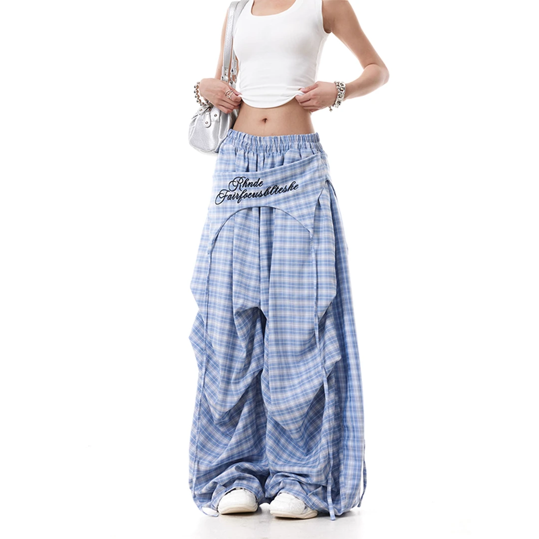 百搭格子裤美式阔腿裤女装长裤爵士舞嘻哈运动休闲裤薄款夏季直筒