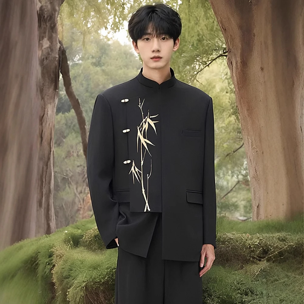 新中式男士礼服订婚礼不规则西装套装国风立领金竹刺绣中山装西服