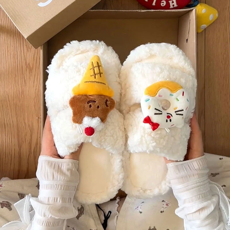 可爱卡通一字少女心毛毛鞋女款2025秋冬季新款时尚外穿棉鞋棉拖鞋