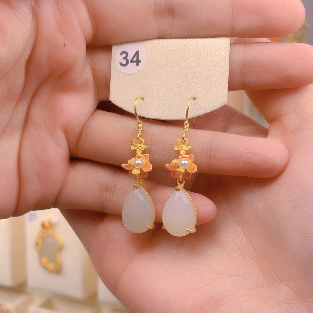 和田玉耳饰银S925镀金镶嵌