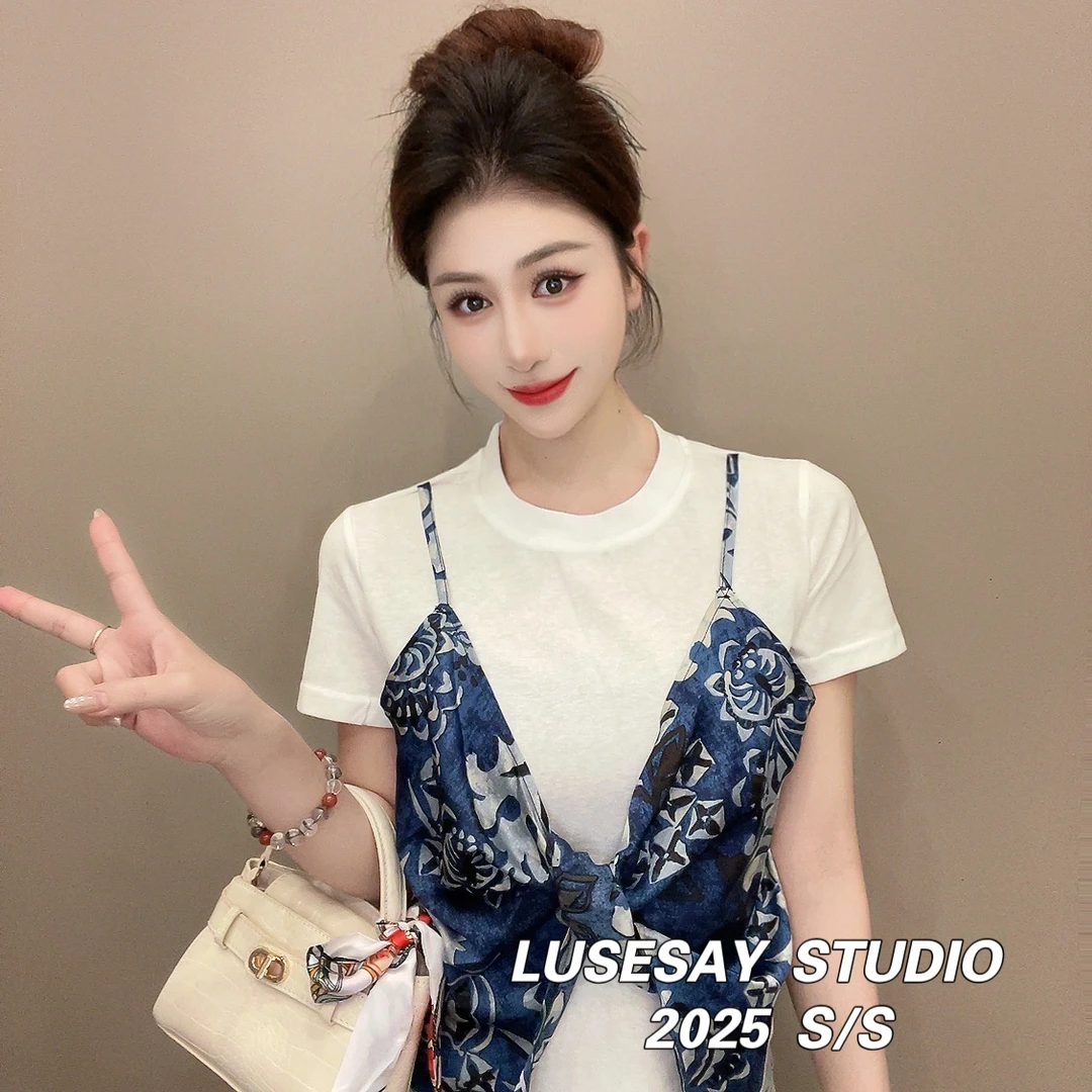LUSESAY 假两件拼接设计 夏季2025新款 短袖t恤女百搭显瘦上衣