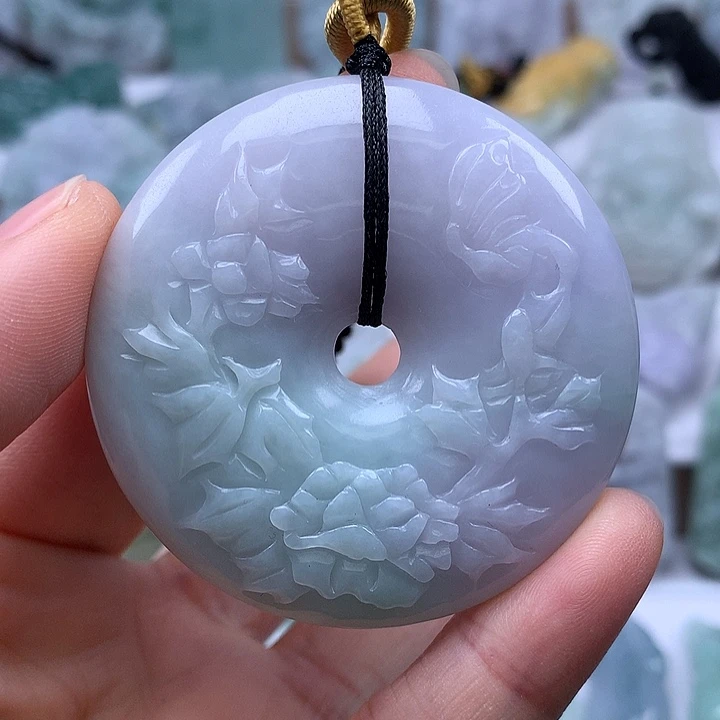 翡翠未镶嵌颈饰花开富贵平安扣两面工艺福利
