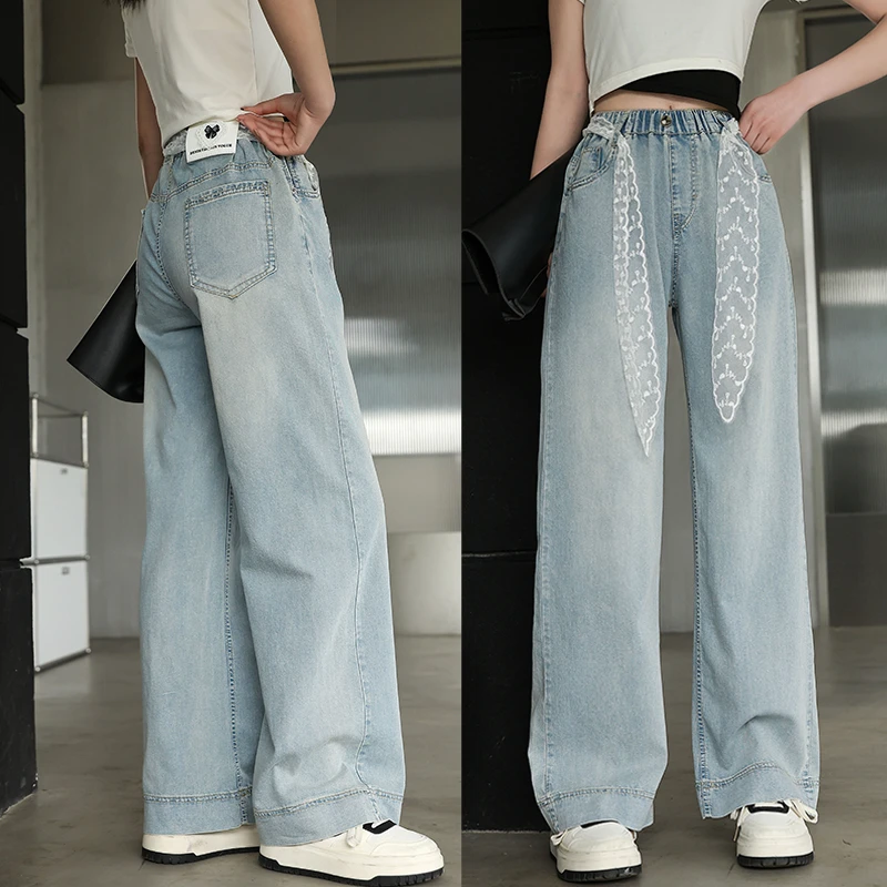 女童牛仔裤2025夏季新款洋气宽松阔腿裤初中生百搭薄款透气直筒裤
