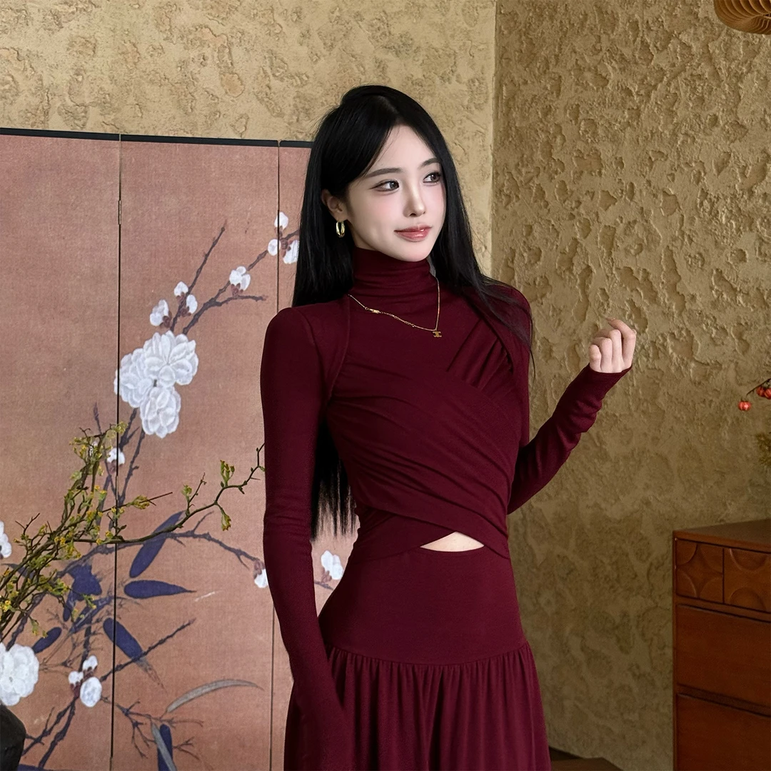 TITI 冬高领时尚假两件拼接连衣裙镂空交叉纽结设计高腰A字裙长裙