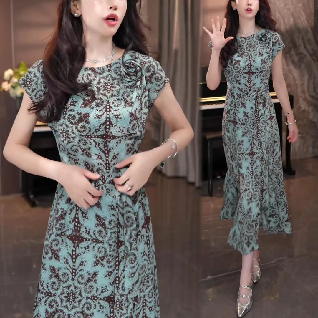 时尚印花短袖连衣裙女2025年夏季新款洋气显瘦系带中长款休闲裙子