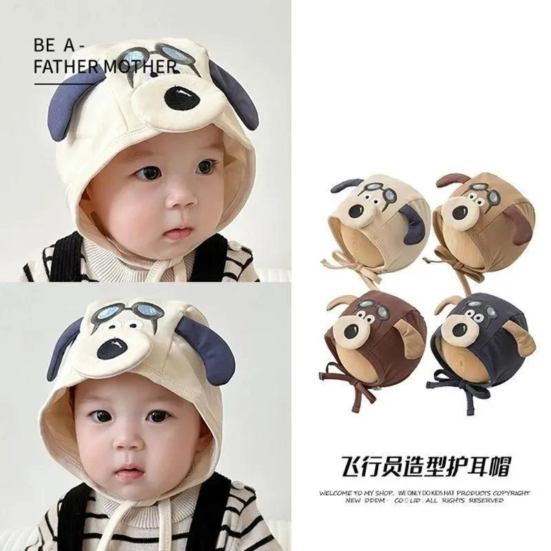 狗狗飞行员~婴儿帽子春秋款男女宝宝护耳帽小月龄幼儿包头帽超萌