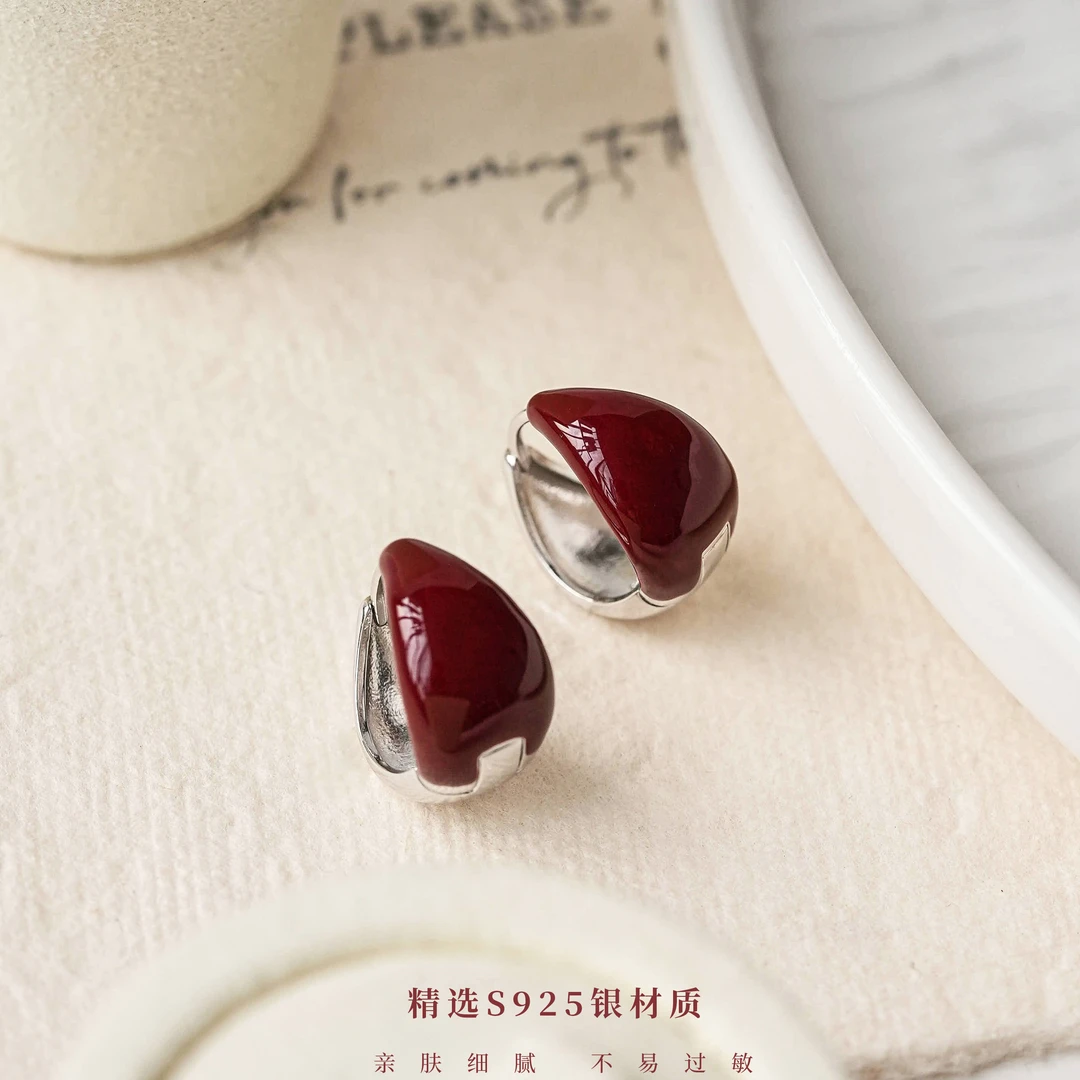 丽沁 925银耳饰 新年复古红色耳扣安可拉红气质轻奢百搭精致耳环