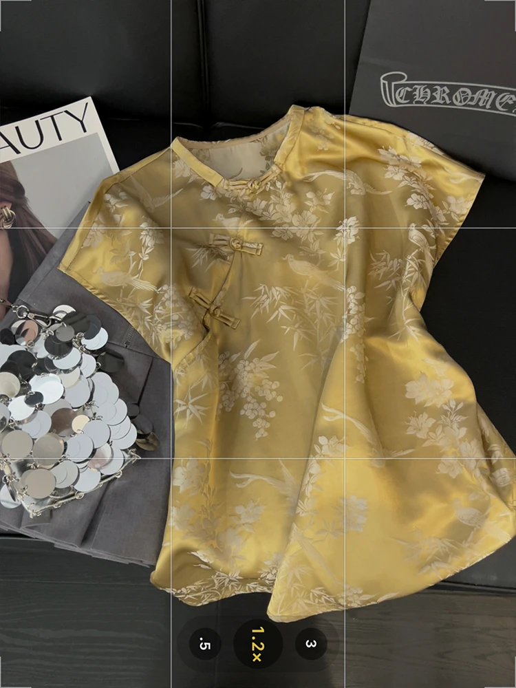 2025年新款新中式短袖衬衫女提花缎面高级感复古盘扣斜襟无袖上衣