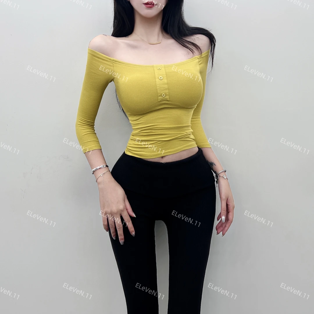 辣妹风性感漫画胸一字领七分袖T恤女秋季带胸垫修身显瘦打底上衣