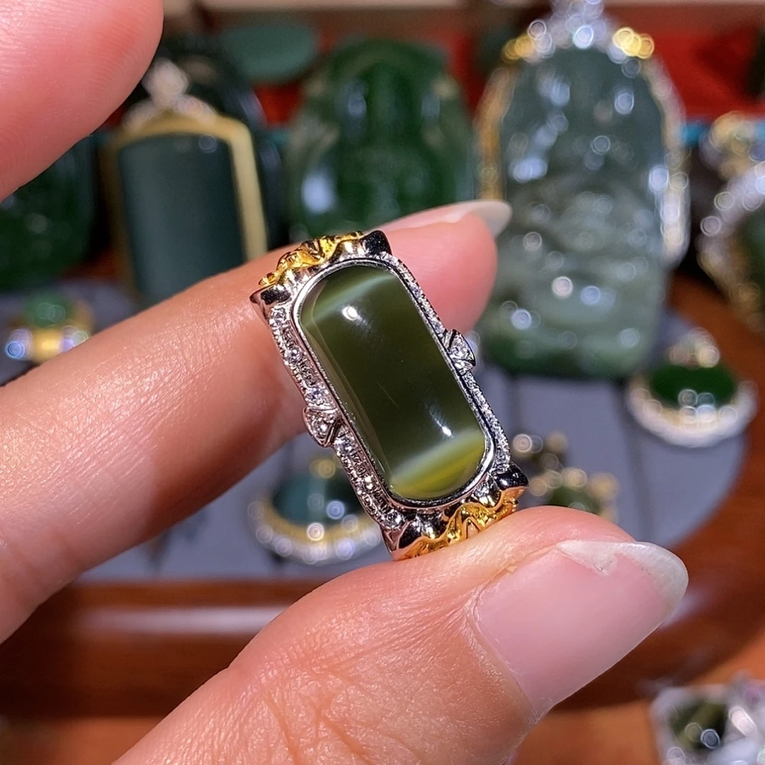 和田玉（碧玉）银S925镶嵌戒指