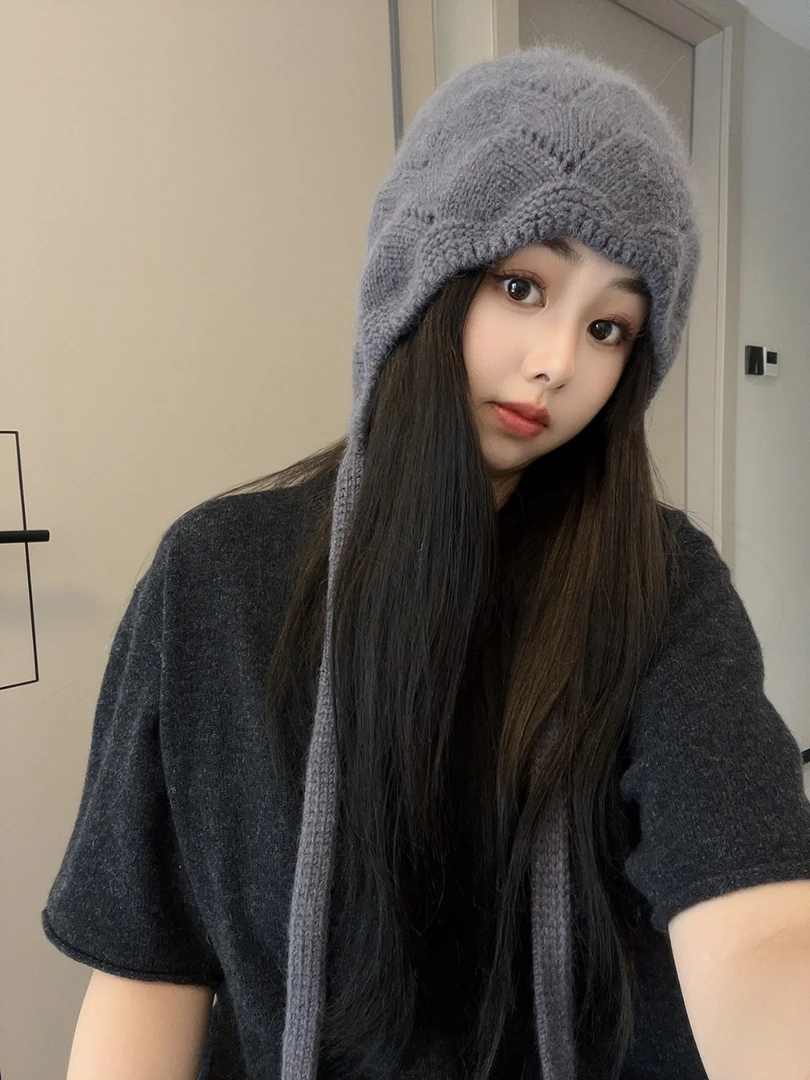 品质好-兔绒绵羊毛挂耳毛线帽护耳显脸小百搭手工针织帽女秋冬