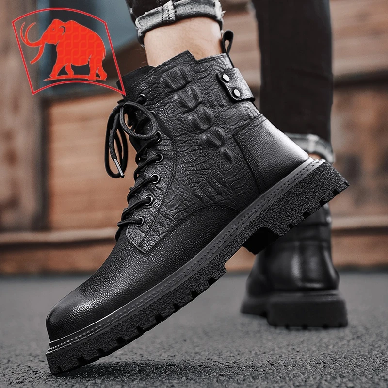 猛犸探陆正品马丁靴男款真皮皮鞋秋冬高帮工装靴子英伦风中帮皮靴