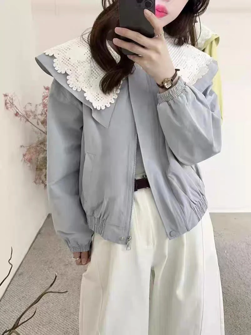 2025春新款小个子韩版蕾丝刺绣娃娃领短外套女宽松时尚外套潮2516