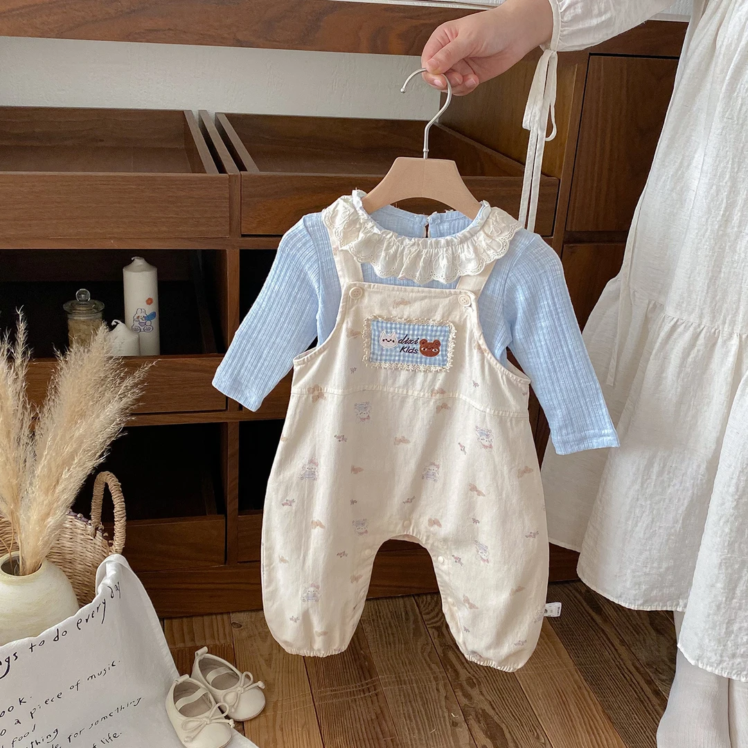 婴儿分体套装春秋外出服背带裤女宝宝洋气长袖打底衫连体衣两件套