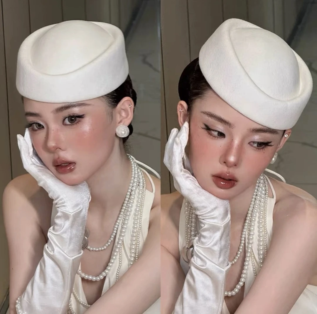 法式复古手工白色赫本风帽子新娘婚纱礼服跟妆饰品头饰黑白米可选