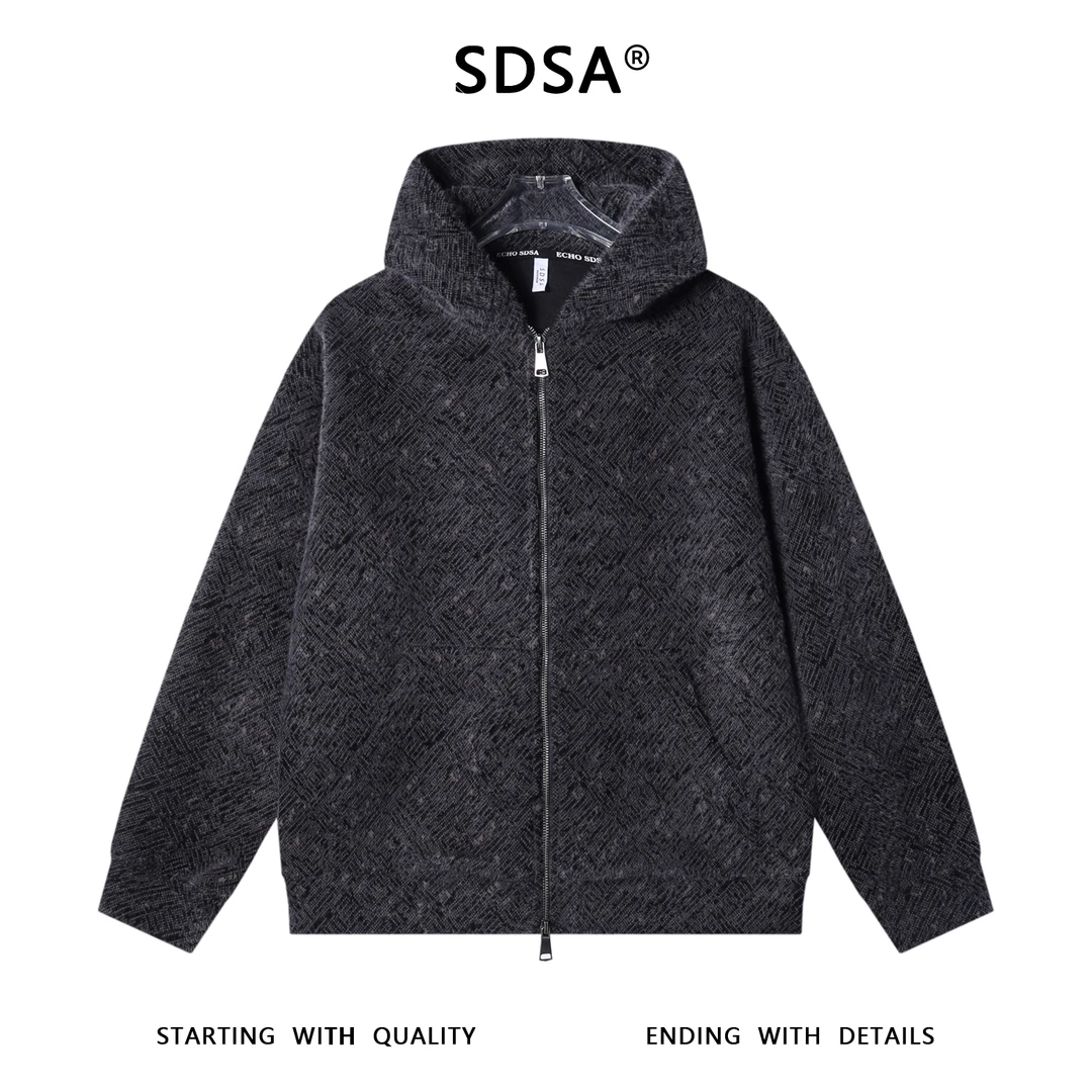 SDSA男士秋冬新款痞帅男装高街时尚暗纹提花拉链连帽开衫卫衣百搭