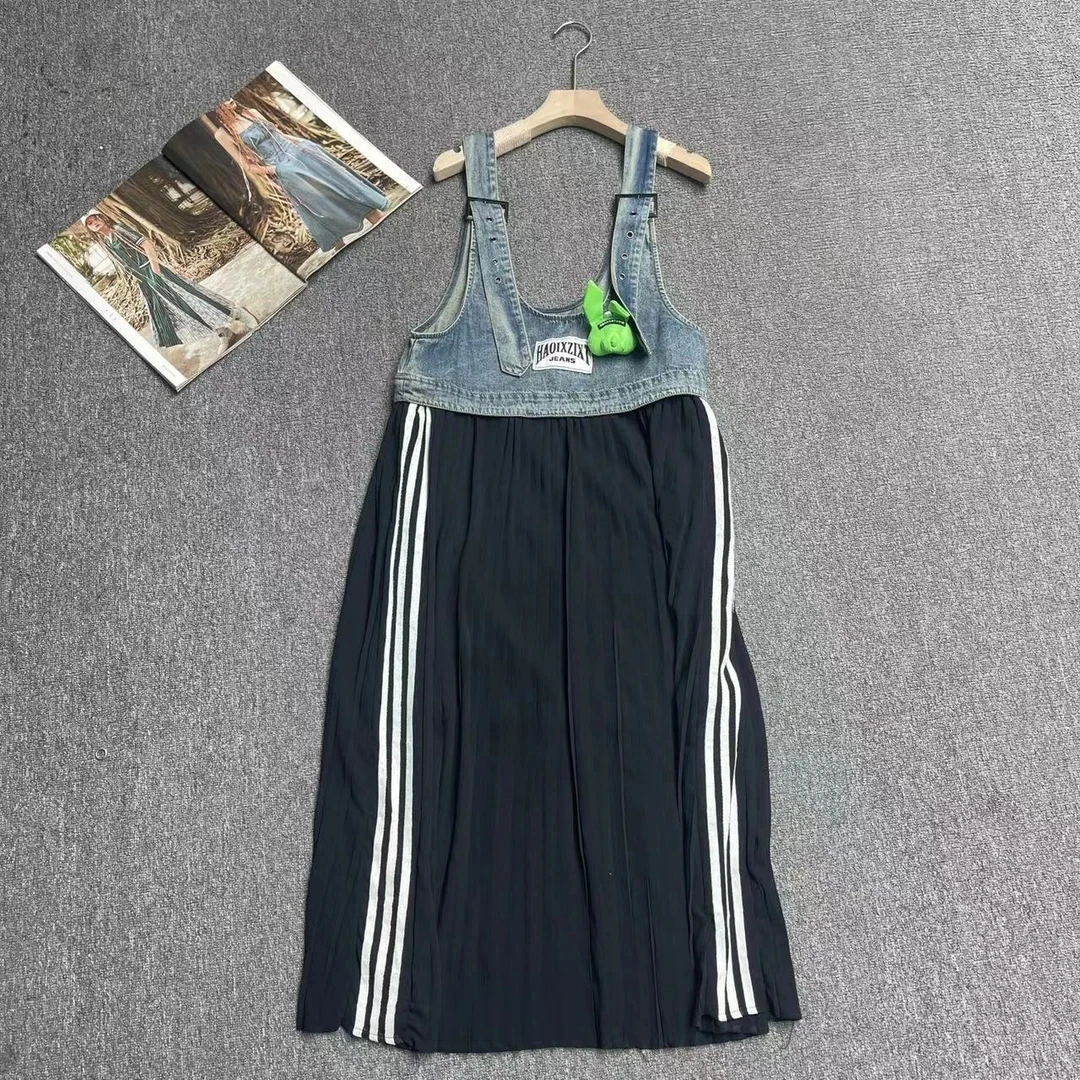 欧货女装原创不撞衫百搭新款拼接牛仔公仔背带裙