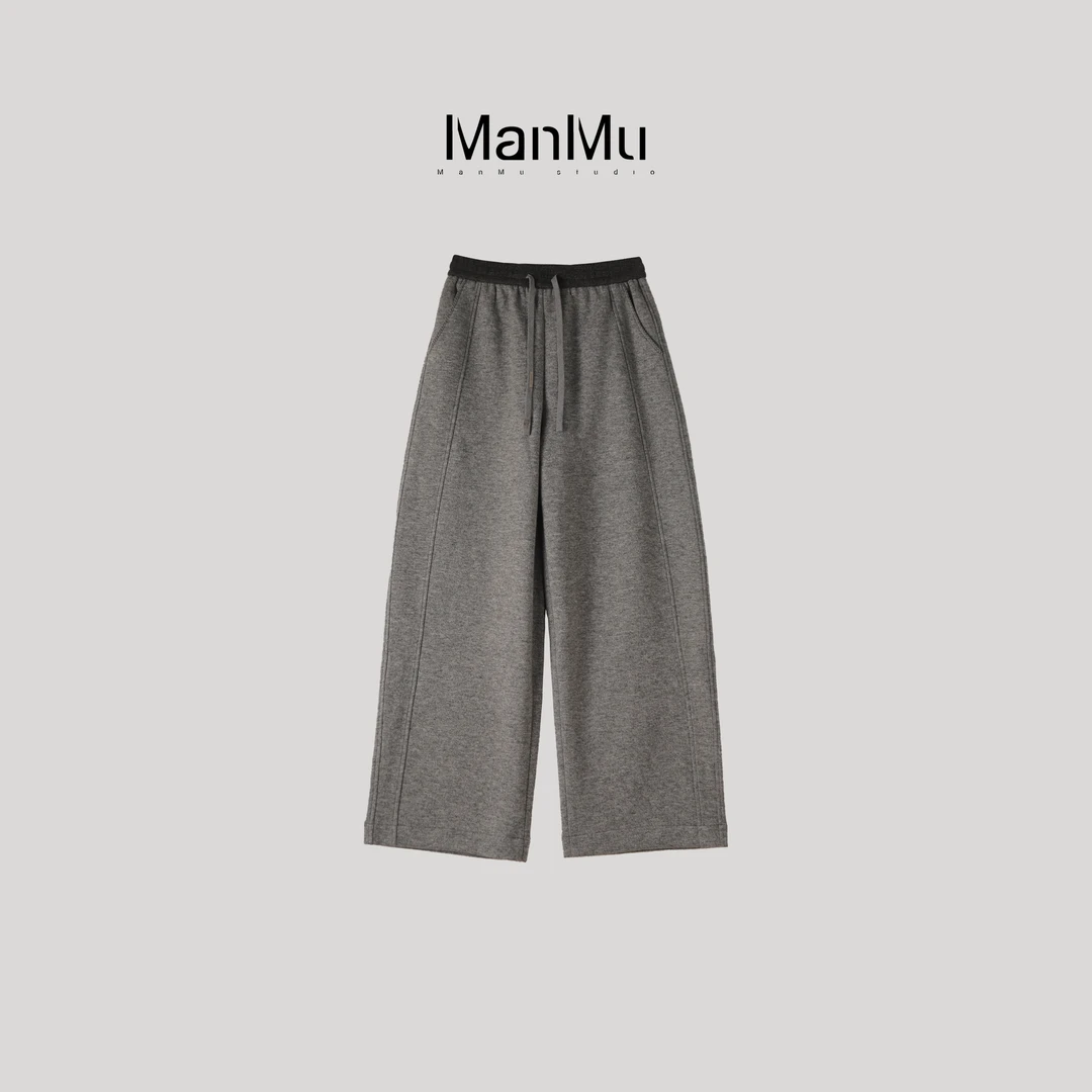 满目ManMu 【张琪专属】撞色腰头袋口三角针绣花弯刀裤350561