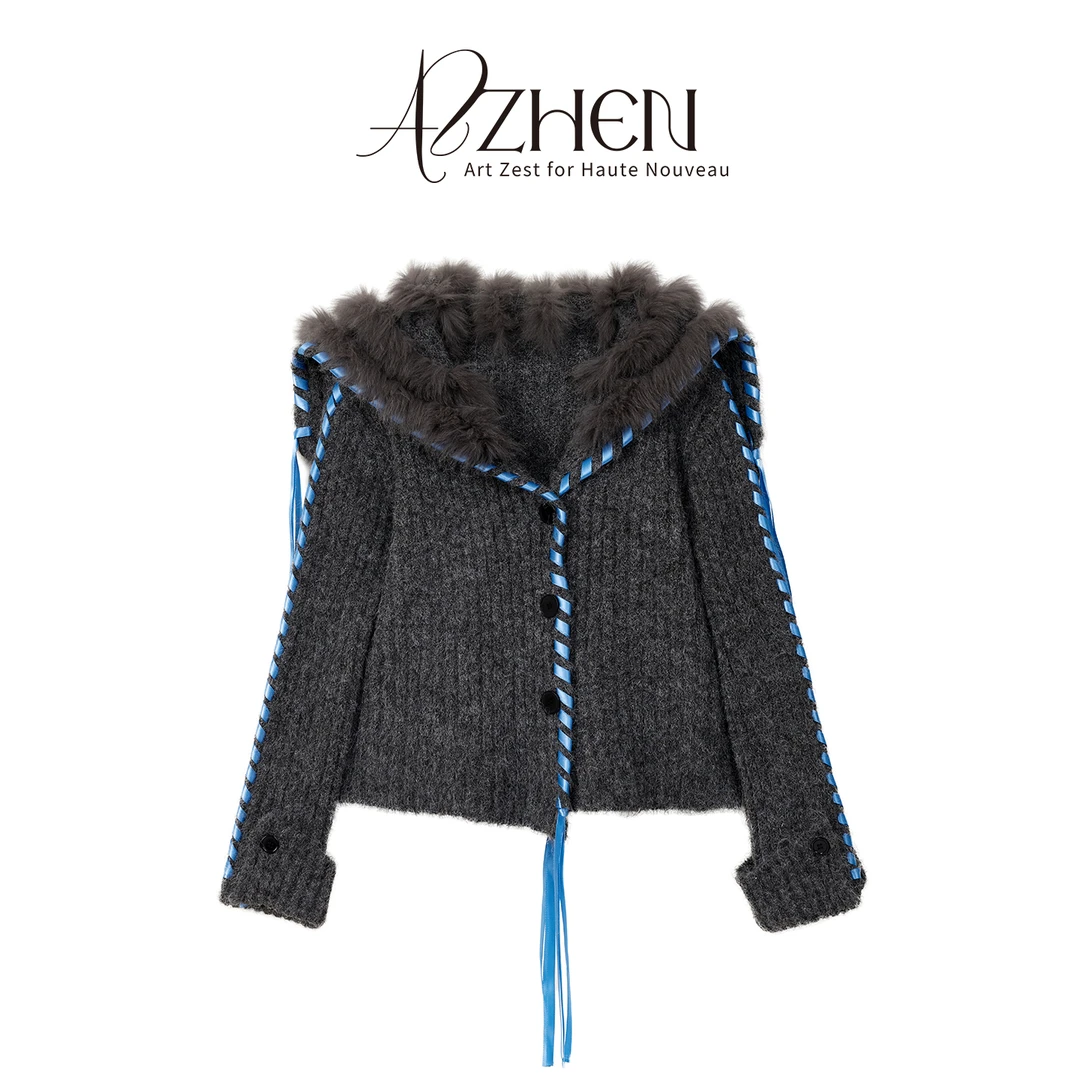 AZZHEN【时髦出圈】大翻领针织狐狸毛拼接外套毛衣上衣AZ4KBW12-00