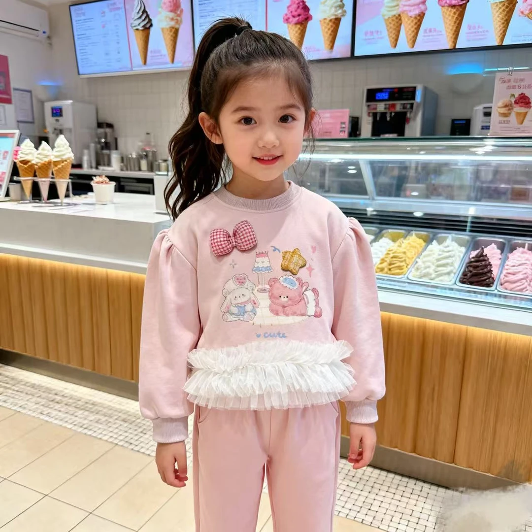 1818粉色卡通白色网纱边套装女童秋冬加厚两件套儿童