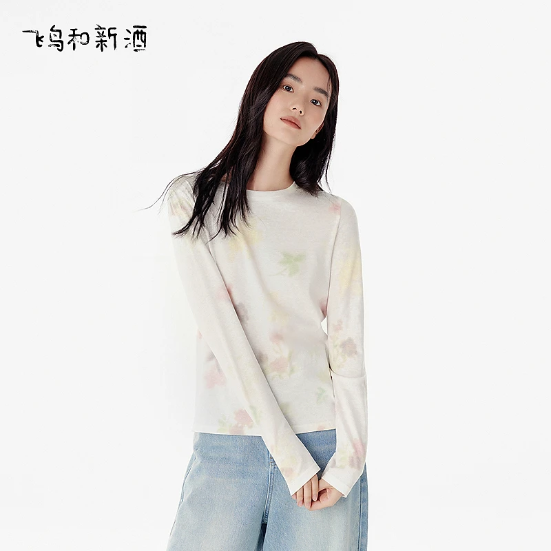 飞鸟和新酒满幅印花圆领T恤女长袖秋宽松显瘦休闲上衣FD55091025