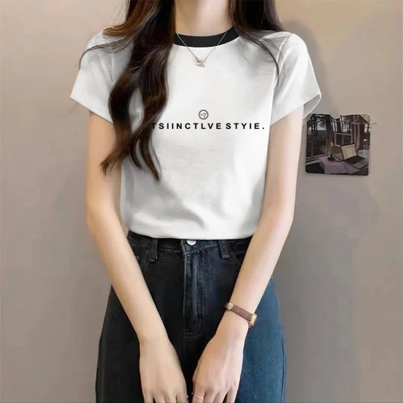 不撞款优质棉插色领口短袖t恤女小众设计感时尚休闲百搭打底衫潮
