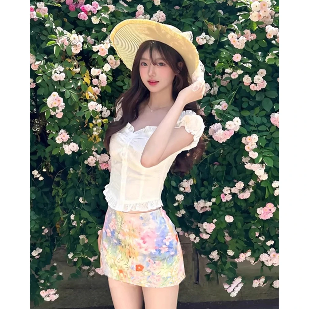 夏季法式甜美镂空一字肩泡泡袖短袖T恤女花卉印花包臀裙时尚套装