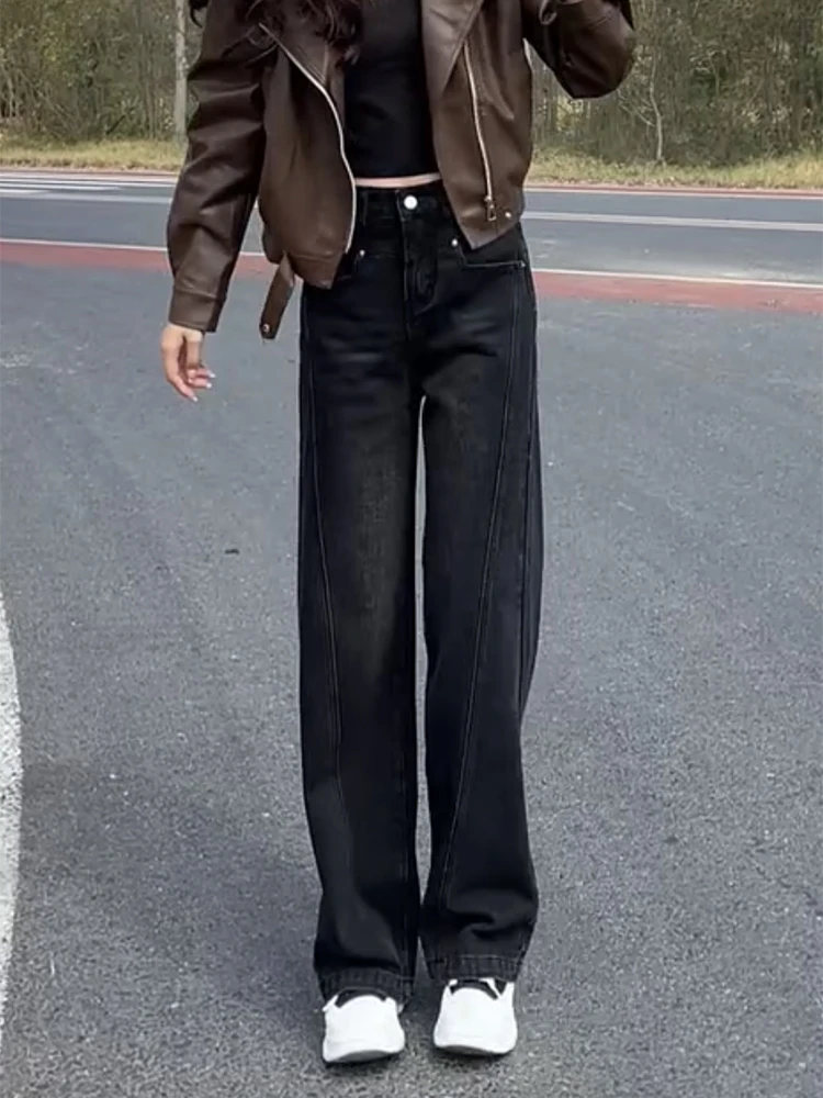 2025春季新款牛仔裤女大码显瘦高腰直筒裤窄版阔腿裤遮肉拖地长裤