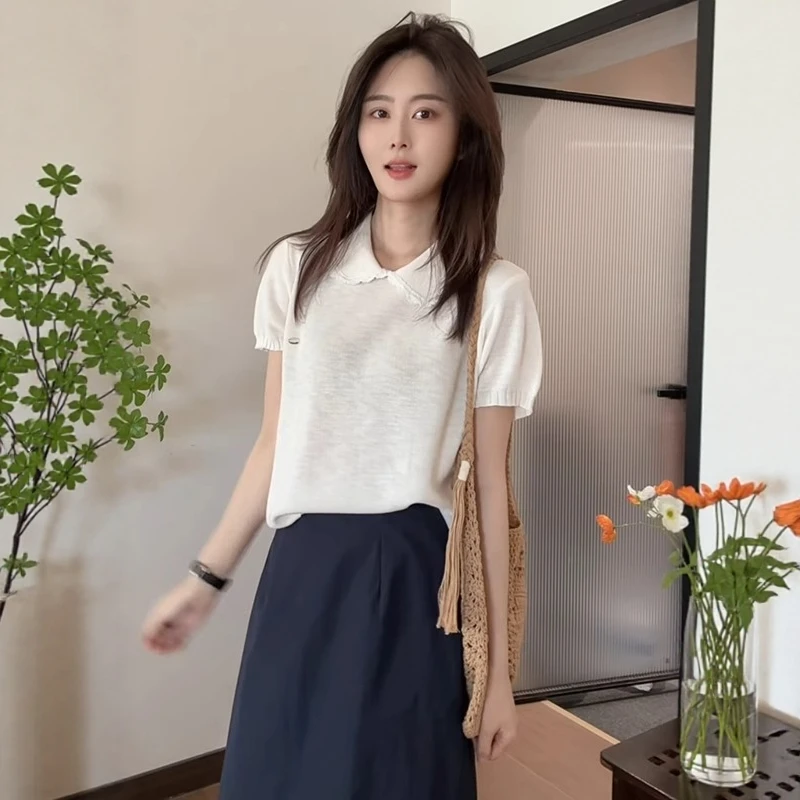 法式白色娃娃领冰丝针织衫短袖T恤女夏季宽松翻领绝美设计感上衣