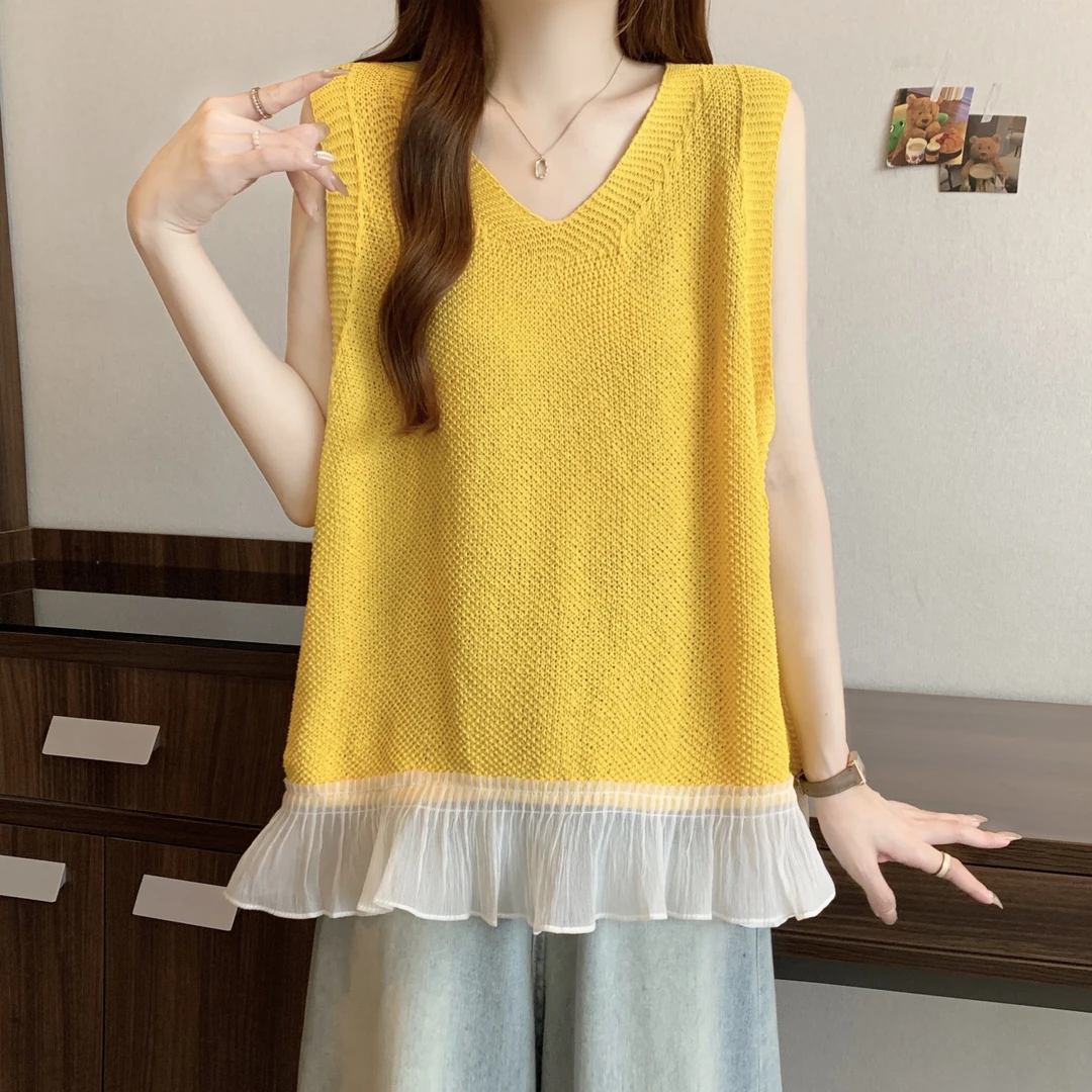 大码糖果色宽松型拼接木耳边拼接无袖背心针织衫女夏胖mm宽松上衣