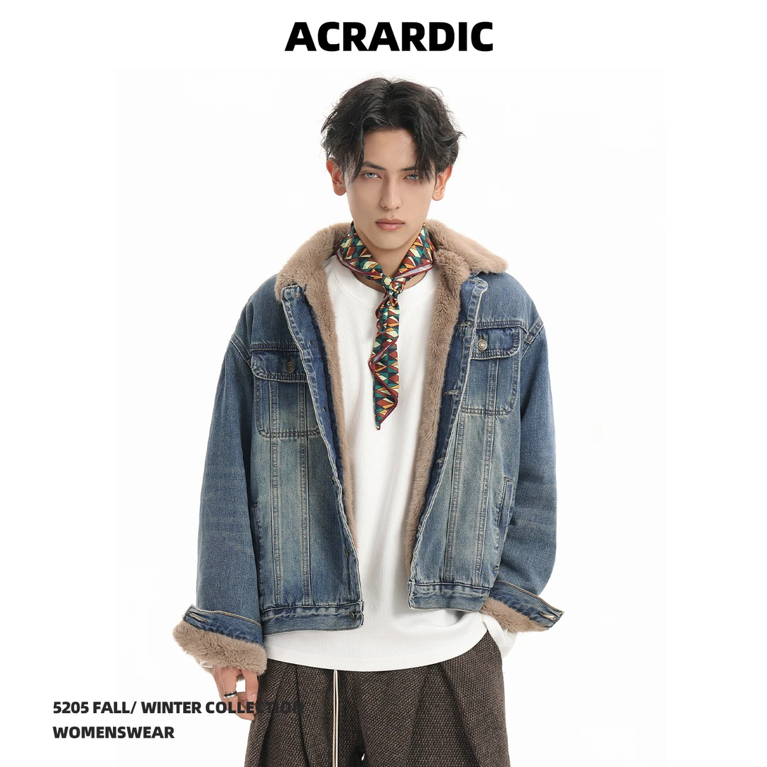 ACRARDIC柔软质感短款牛仔夹克棉衣男街头痞帅boxy毛绒座山雕外套