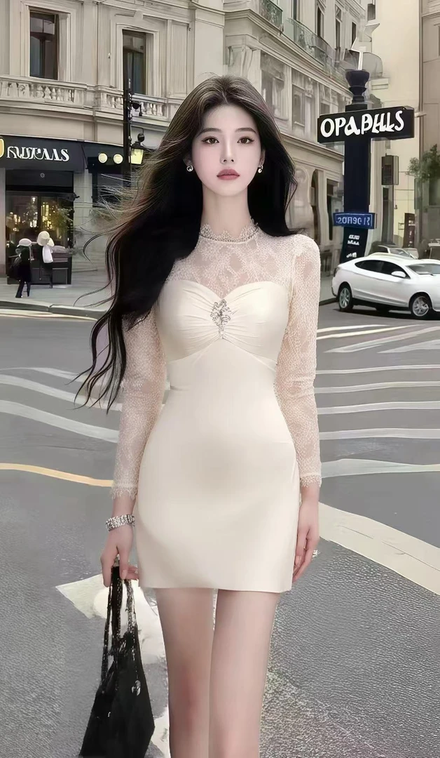 新款辣妹纯欲风杏色修身蕾丝圆领收腰包臀连衣裙女时尚高级氛围感