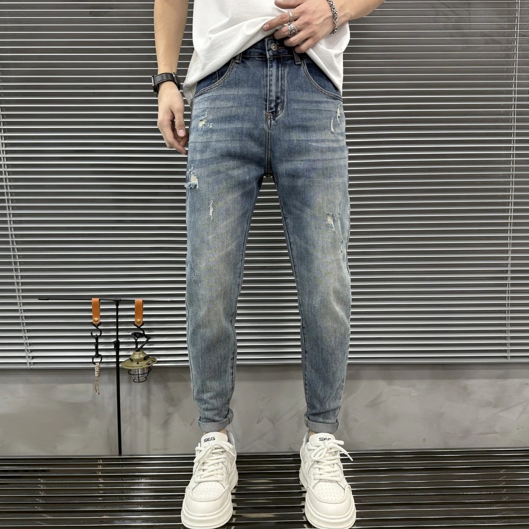 破洞长裤泼墨免烫男直筒裤牛仔裤裤子男士小脚裤夏季修身百搭春夏