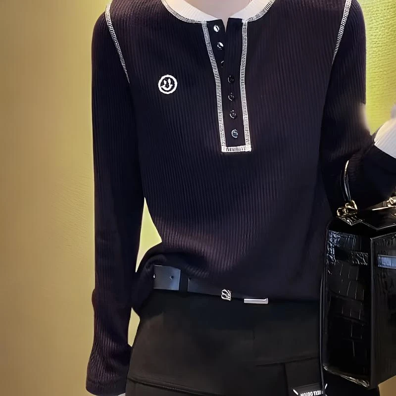 撞色字母半开领女2025新款春秋冬打底衫休闲百搭显瘦长袖上衣时尚